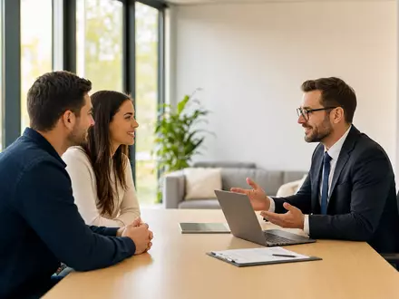 Allstate Corp. US0200021014 zeigt einen Versicherungsberater beim Beratungsgespräch mit einem jungen Kundenpaar im Büro - Foto: THN