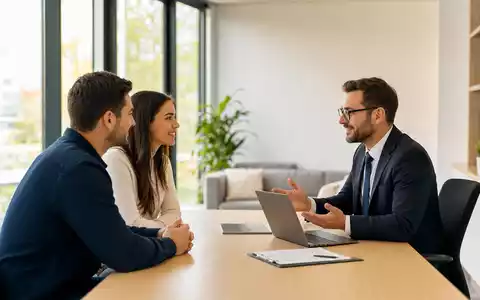 Allstate Corp. US0200021014 zeigt einen Versicherungsberater beim Beratungsgespräch mit einem jungen Kundenpaar im Büro - Foto: THN