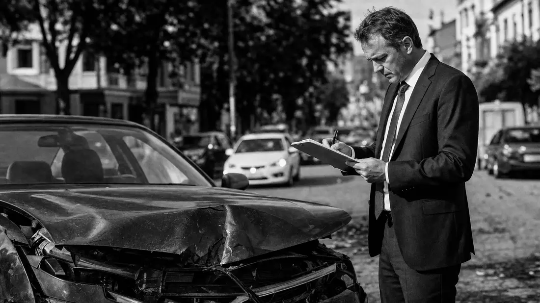 Schadensregulierer mit Klemmbrett inspiziert beschädigtes Auto auf Stadtstraße schwarzweiß