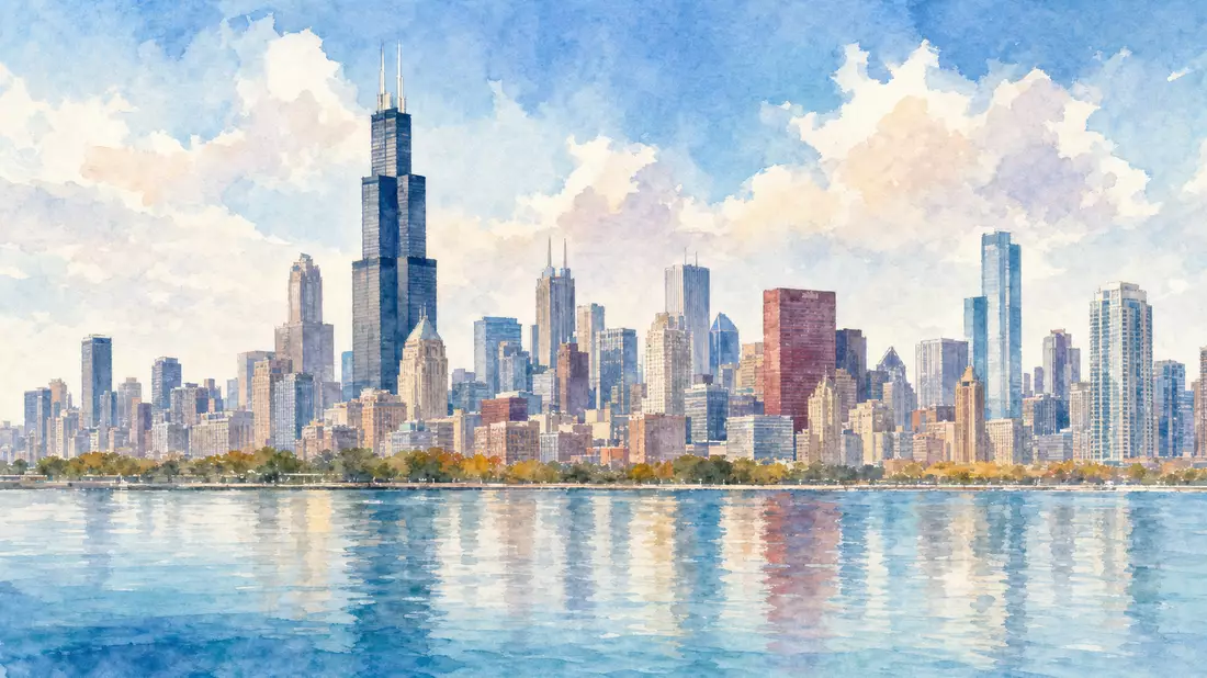 Aquarell-Gemälde Chicago Skyline mit Willis Tower und Spiegelung im Michigansee