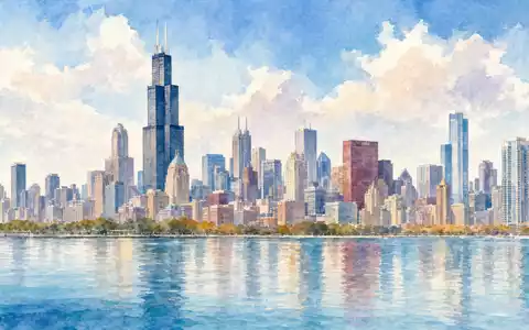 Allstate Corp. US0200021014 Aquarell-Illustration der Chicagoer Skyline mit dem markanten Willis Tower am Michigansee - Foto: THN