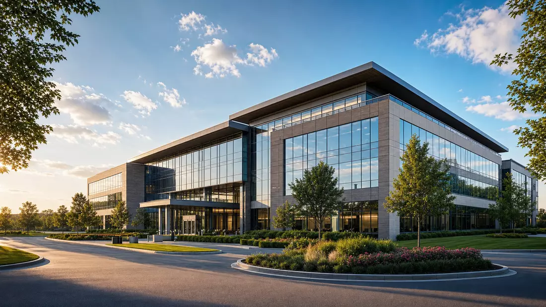 Modernes Glas-Stahl-Bürogebäude eines Versicherungskonzerns in Illinois bei Abendsonne