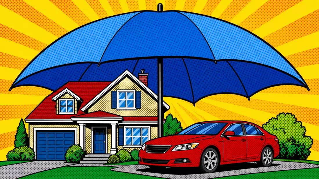 Pop-Art-Illustration mit blauem Regenschirm als Schutz über Haus und Auto in Primärfarben