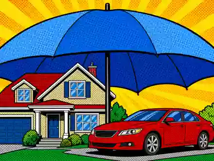 Allstate Corp. US0200021014 Pop-Art-Comic mit einem blauen Schutzschirm über Haus und Auto in Primärfarben - Foto: THN