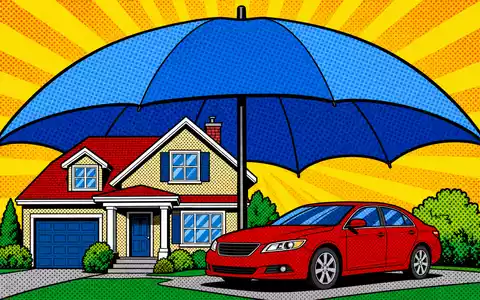 Allstate Corp. US0200021014 Pop-Art-Comic mit einem blauen Schutzschirm über Haus und Auto in Primärfarben - Foto: THN
