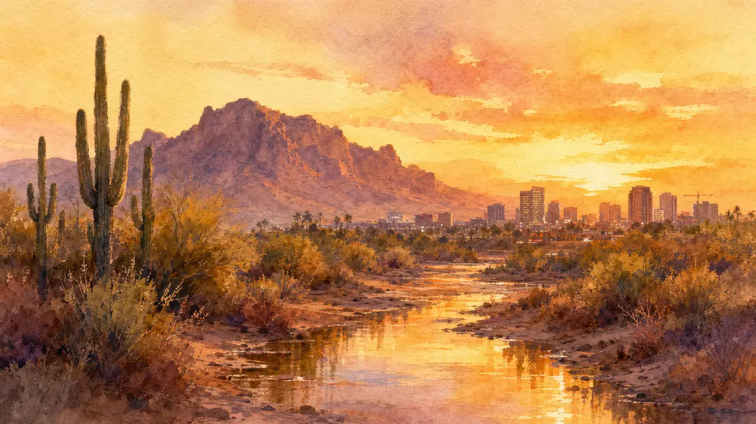 Aquarell Wüstenlandschaft Tempe Arizona, Sonnenuntergang und Stadtsilhouette