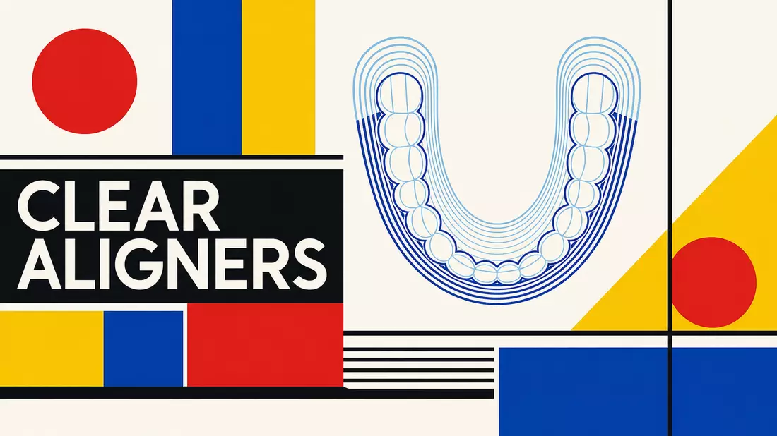 Bauhaus-Poster CLEAR ALIGNERS mit geometrischer Zahnschiene und Primärfarben