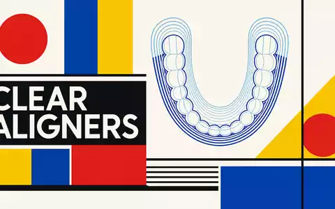 Align Technology Inc. Bauhaus-Poster CLEAR ALIGNERS geometrische Zahnschiene Primärfarben konstruktivistische Grafik Kieferorthopädie US0162551016 - Foto: THN