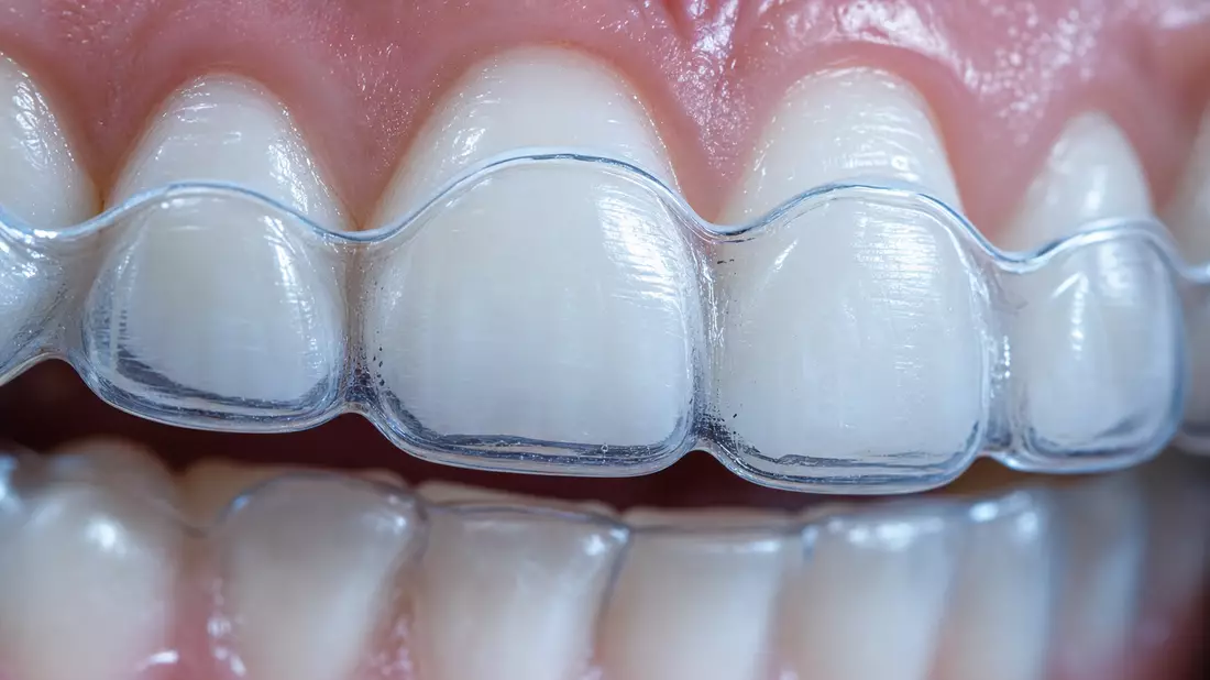 Extreme Makro-Nahaufnahme von Zähnen mit transparenter Zahnschiene