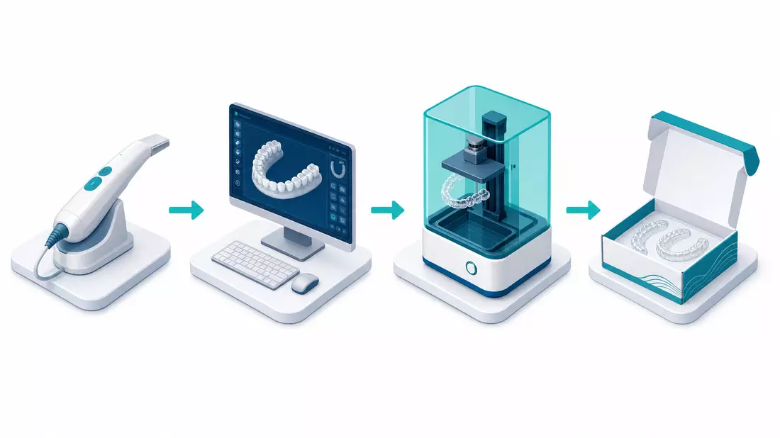 Isometrischer Workflow Scan-CAD-Druck-Lieferung für digitale Kieferorthopädie