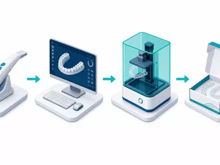Align Technology Inc. isometrische Illustration digitaler Kieferorthopädie-Workflow Scan CAD Druck Lieferung NASDAQ US0162551016 - Foto: THN