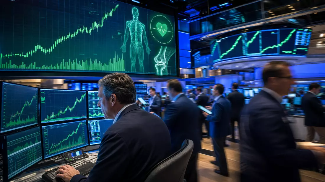 Börsenhändler im NASDAQ-Saal mit Medtech-Kurscharts auf Bildschirmen