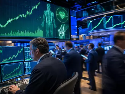 Align Technology Inc. Börsen-Editorial NASDAQ Handelssaal mit steigenden Medtech-Aktienkursen und Händlern US0162551016 - Foto: THN
