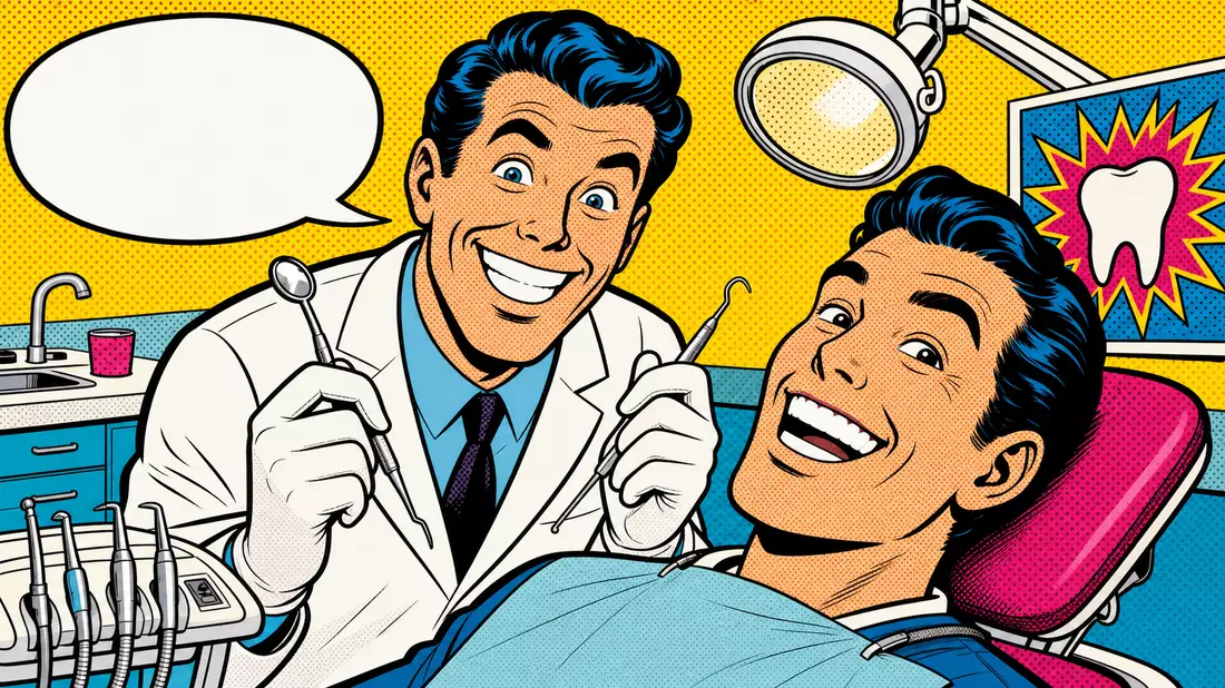 Pop-Art-Comic Zahnarztszene mit stilisiertem Lächeln im Lichtenstein-Stil