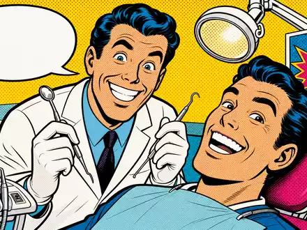 Align Technology Inc. Pop-Art-Comic stilisierter Zahnarzt mit lächelndem Patienten Kieferorthopädie NASDAQ-Aktie US0162551016 - Foto: THN