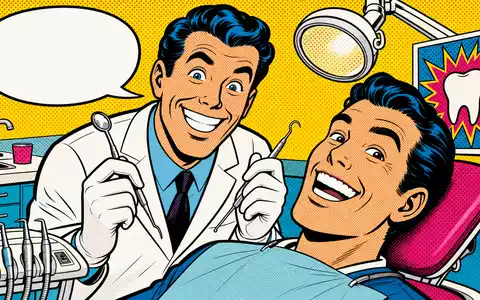 Align Technology Inc. Pop-Art-Comic stilisierter Zahnarzt mit lächelndem Patienten Kieferorthopädie NASDAQ-Aktie US0162551016 - Foto: THN