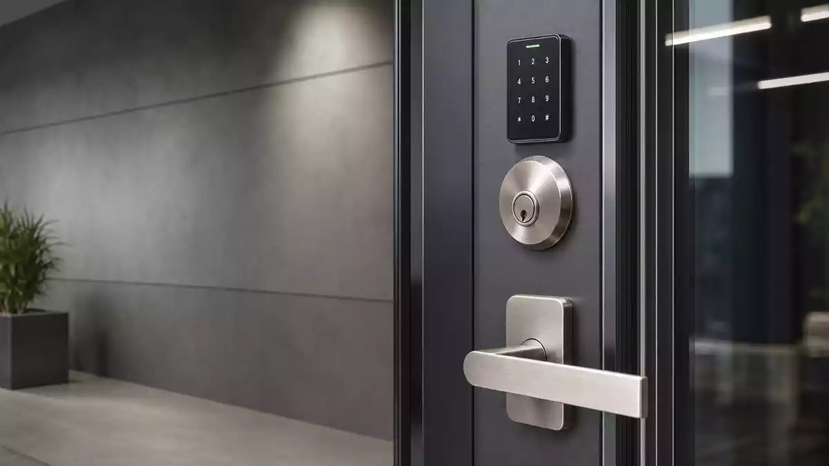 Moderne Türsicherheits-Hardware mit elektronischem Schloss und Tastenfeld, Allegion plc
