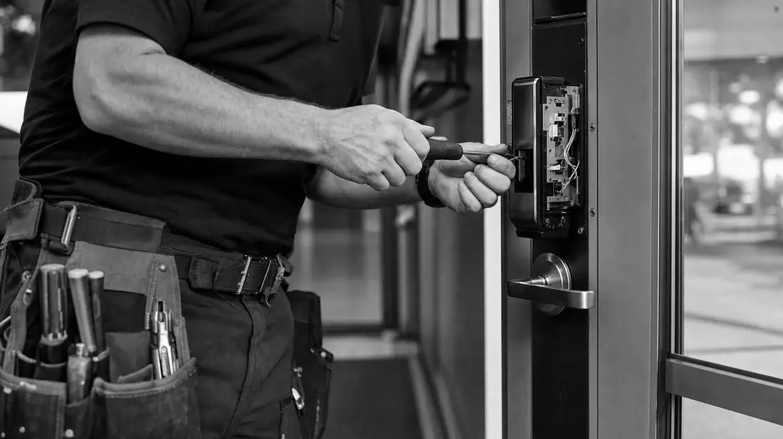 Schwarz-Weiß-Reportage: Techniker bei der Installation eines elektronischen Schlosses an Bürotür