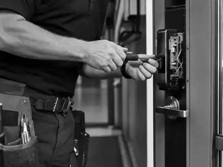 Allegion plc IE00BFRT3W74 – Techniker installiert elektronisches Schloss, Schwarz-Weiß Reportagefoto mit dokumentarischem Charakter - Foto: THN