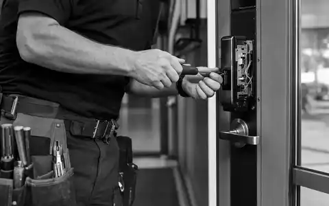 Allegion plc IE00BFRT3W74 – Techniker installiert elektronisches Schloss, Schwarz-Weiß Reportagefoto mit dokumentarischem Charakter - Foto: THN