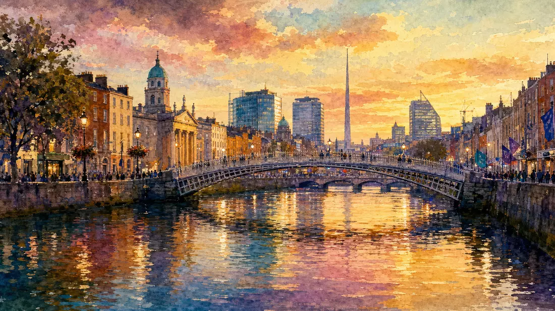 Aquarell der Dublin Skyline mit Fluss Liffey und Ha'penny Bridge bei goldenem Sonnenuntergang