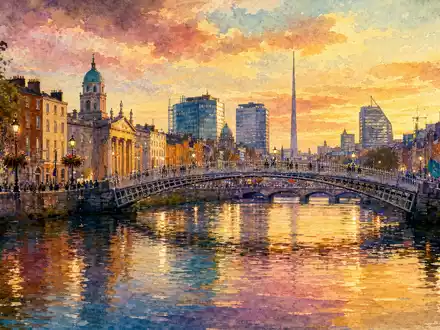 Allegion plc IE00BFRT3W74 – Dublin Skyline mit Liffey als Aquarell bei goldenem Sonnenuntergang - Foto: THN