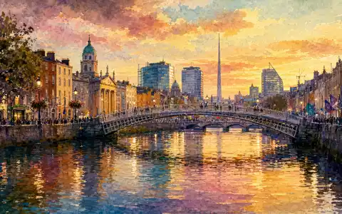 Allegion plc IE00BFRT3W74 – Dublin Skyline mit Liffey als Aquarell bei goldenem Sonnenuntergang - Foto: THN