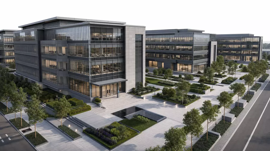 Architektur-CGI-Render eines modernen Bürocampus mit gesicherten Zugangsbereichen und Kartenlesern