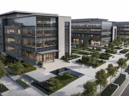 Allegion plc IE00BFRT3W74 – Moderner Bürocampus mit gesicherten Eingängen als fotorealistisches architektonisches CGI-Rendering - Foto: THN