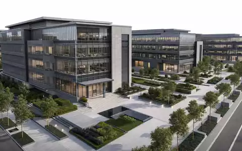 Allegion plc IE00BFRT3W74 – Moderner Bürocampus mit gesicherten Eingängen als fotorealistisches architektonisches CGI-Rendering - Foto: THN
