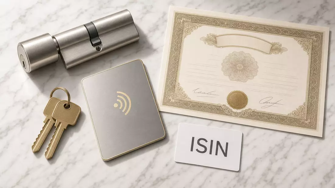 Flatlay mit Schlosszylinder, Messing-Schlüsseln, NFC-Zugangskarte, Aktienzertifikat und ISIN-Karte