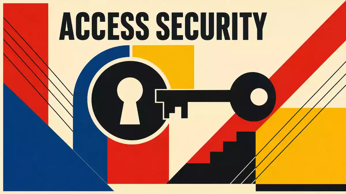 Bauhaus-Stilposter mit geometrischen Formen in Rot, Blau, Gelb und Schriftzug ACCESS SECURITY