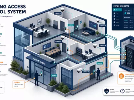 Allegion plc IE00BFRT3W74 – Isometrische 3D-Infografik eines Gebäude-Zugangskontrollsystems mit Türen, Lesern und Server - Foto: THN