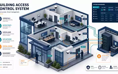 Allegion plc IE00BFRT3W74 – Isometrische 3D-Infografik eines Gebäude-Zugangskontrollsystems mit Türen, Lesern und Server - Foto: THN