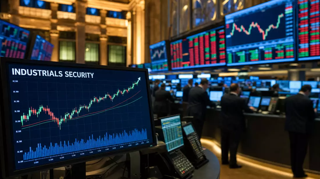 Börsenparkett mit Handelsmonitoren und aufsteigendem Industrials-Security-Kurs-Chart im Vordergrund