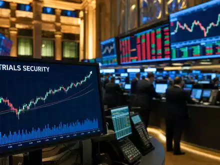 Allegion plc IE00BFRT3W74 – NYSE-Börsenparkett mit aufsteigendem Industrials-Security-Chart auf Handelsmonitor im Vordergrund - Foto: THN