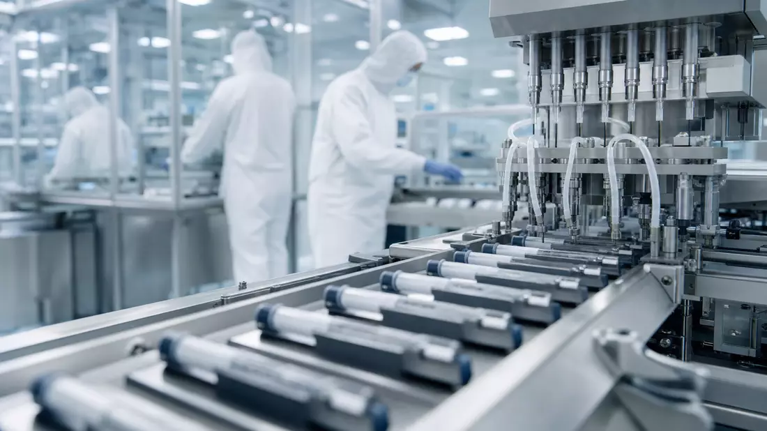 Sterile Fertigungslinie für Insulin-Pens in moderner Pharma-Produktionsanlage