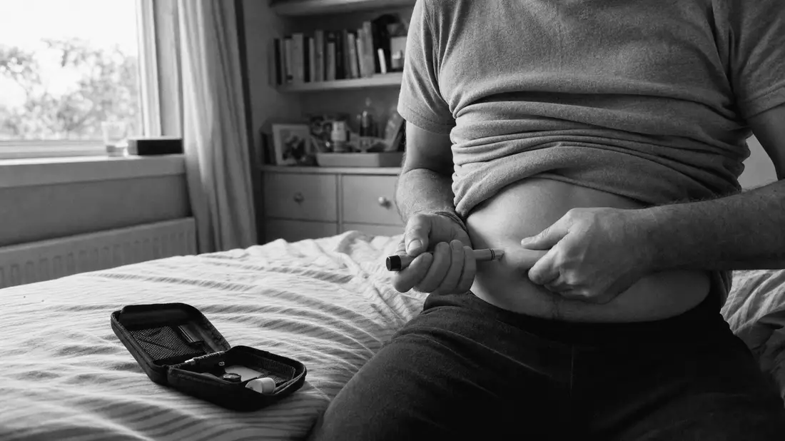 Schwarzweiß-Reportagefoto einer häuslichen Insulin-Injektion mit Pen-Gerät