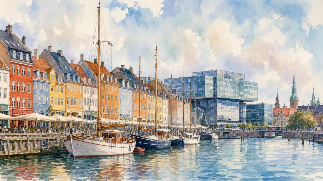 Aquarellmalerei der Kopenhagener Hafenpromenade mit modernem Bürogebäude