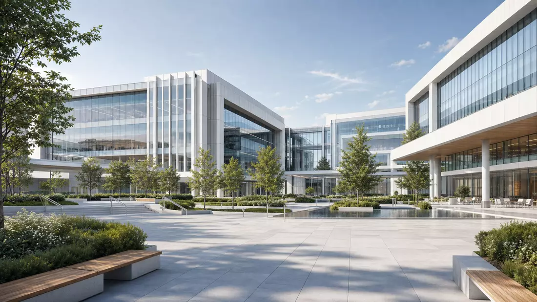 Architektur-Rendering eines modernen skandinavischen Pharma-Firmencampus mit Glasfassade