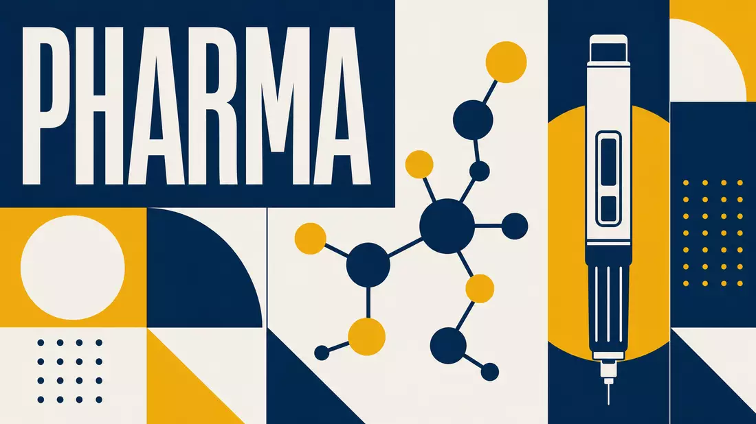 Geometrisches Bauhaus-Poster mit Molekülgrafik und Pen-Symbol, Schriftzug PHARMA