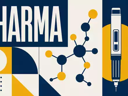Novo Nordisk A/S (ISIN DK0060534915) inspiriert dieses geometrische Bauhaus-Poster mit MolekĂŒlstruktur und stilisiertem Injektionspen - Foto: THN