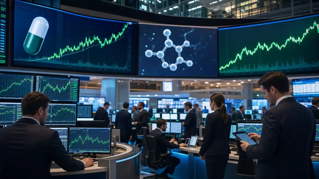 Trading-Floor mit Kurscharts und Pharma-Symbolen auf großen Bildschirmen