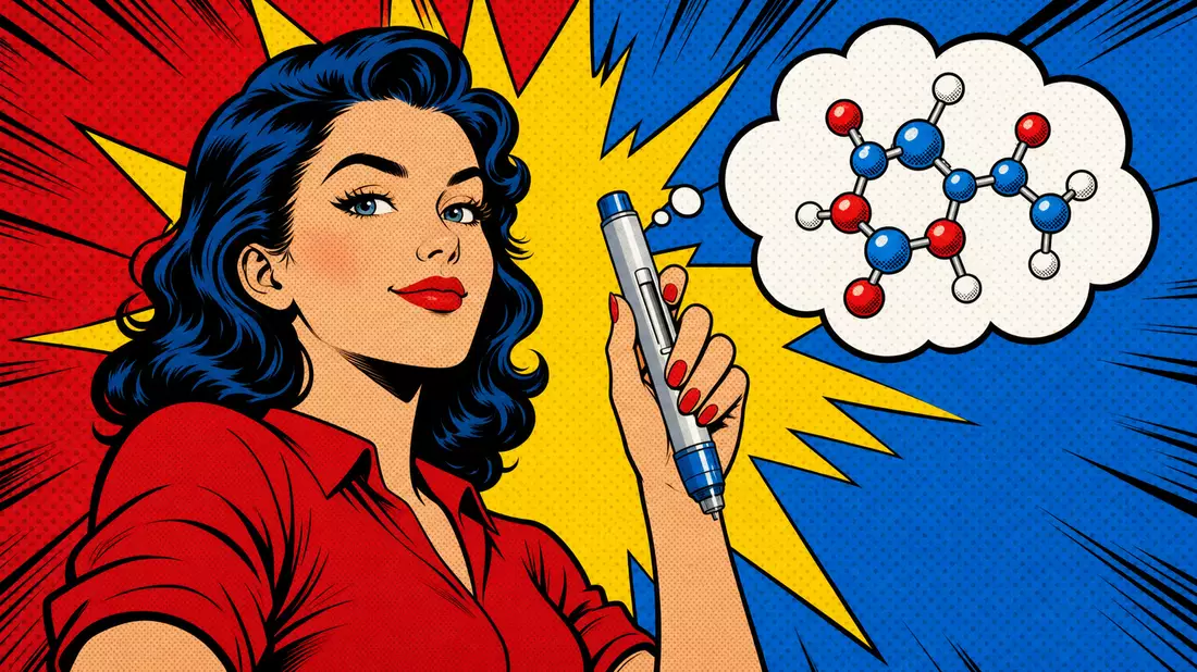 Pop-Art-Comic zeigt Figur mit Injektionspen und Gedankenblase mit Molekül