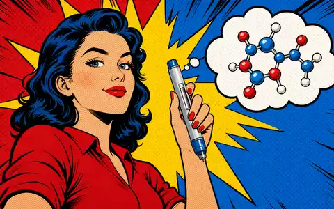 Novo Nordisk A/S (ISIN DK0060534915) inspiriert diese farbenfrohe Pop-Art-Szene mit Injektionspen und stilisierter Molekülstruktur - Foto: THN