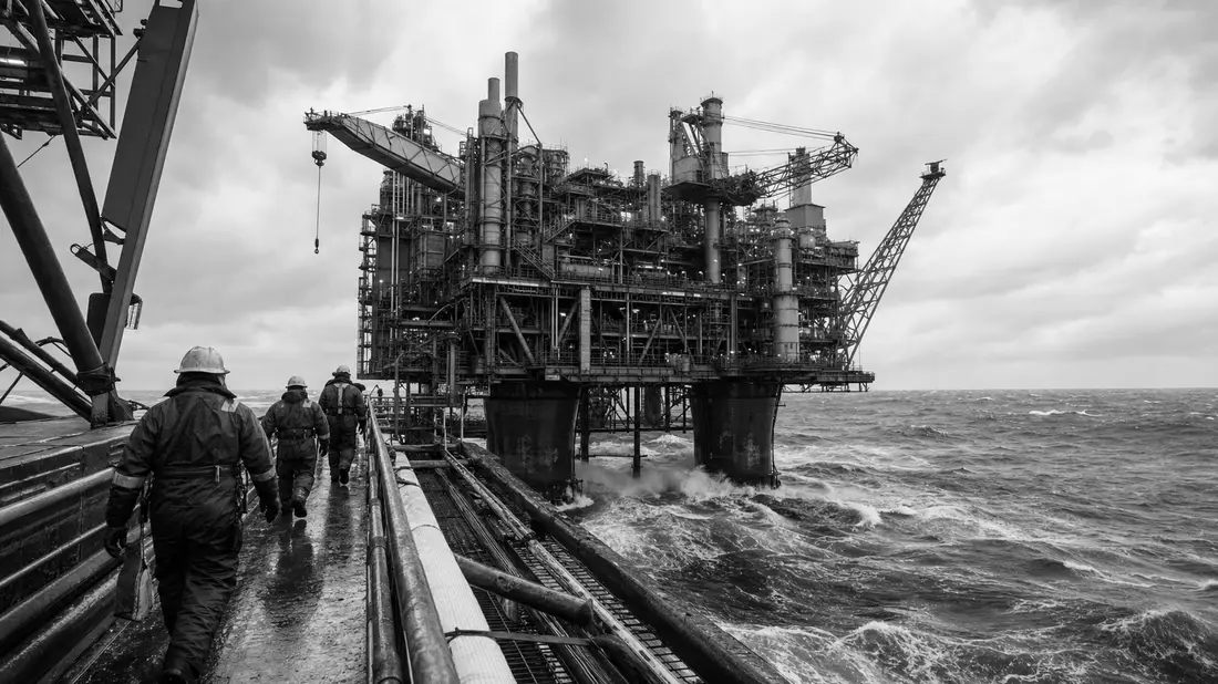 Dokumentarische Schwarzweißaufnahme einer Offshore-Ölplattform bei stürmischer See