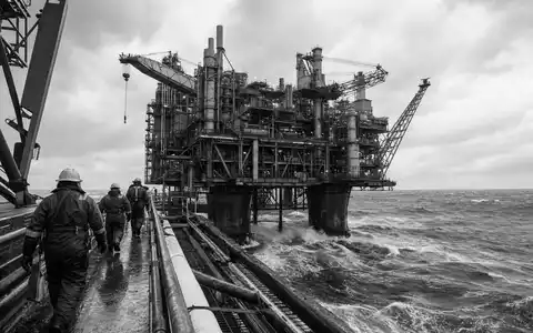 Schwarzweiß-Reportagefoto einer Offshore-Plattform illustriert die Offshore-Förderaktivitäten von Shell plc, ISIN NL0000009827, in rauer See - Foto: THN