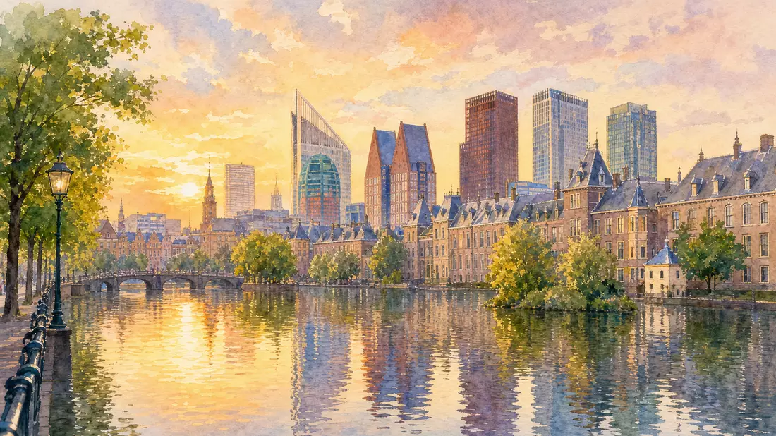 Aquarellbild der Skyline von Den Haag mit Kanal, Brücke und historischen Gebäuden