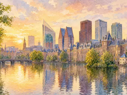 Aquarellmalerei der Skyline von Den Haag repräsentiert den Standort von Shell plc, NL0000009827 - Foto: THN