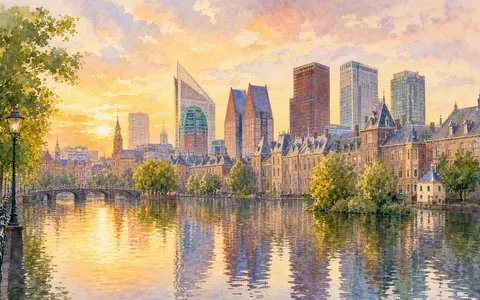 Aquarellmalerei der Skyline von Den Haag repräsentiert den Standort von Shell plc, NL0000009827 - Foto: THN